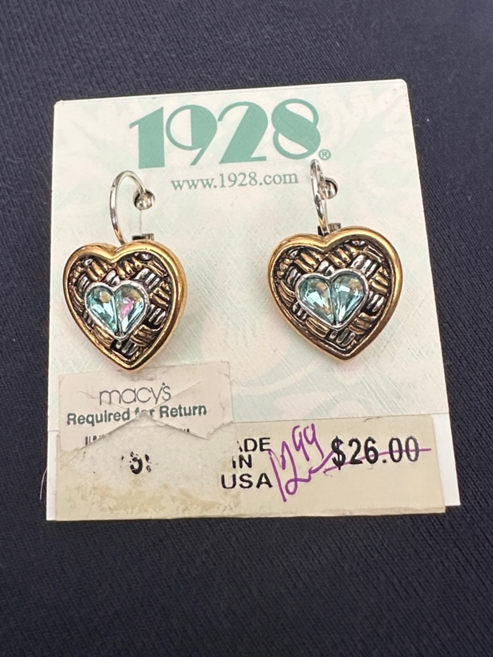 1928 Gold and Aqua Heart Drop Earrings
